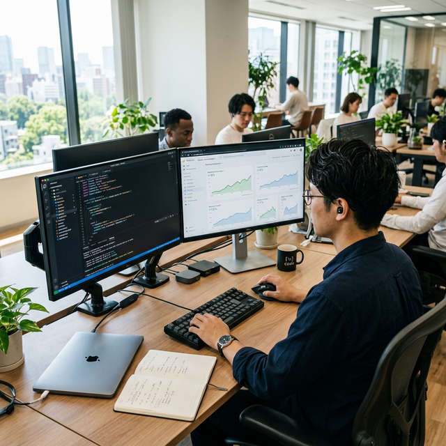 明るいオフィスでコンバージョン率改善の分析・開発を行うWebエンジニア